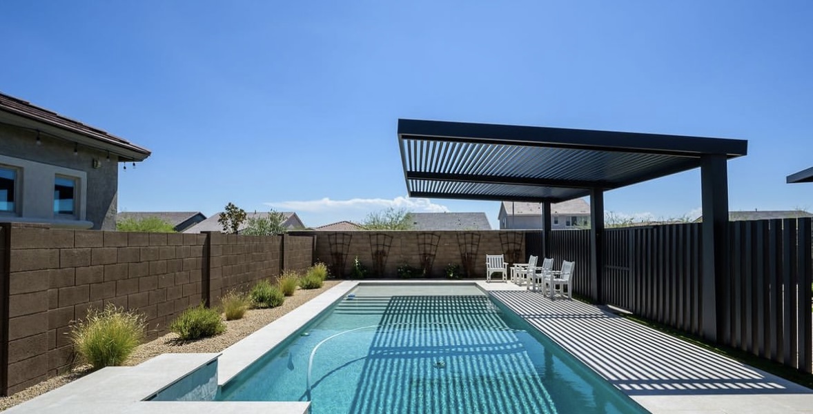 Beautiful custom patio cover in Arizona desert landscape